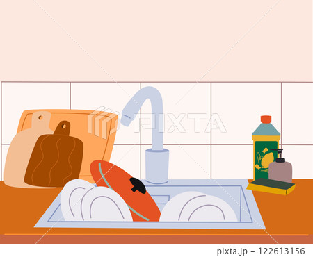 Sink with dishes, kitchen interior. Washing plates, cups and dishes. 122613156