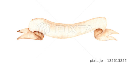 Beige Ribbon folded Banner. Vintage design element. Hand drawn Watercolor illustration isolated on white background. Space for text, advertisement, sale or game design. Beige Ribbon folded Banner. Vintage design element. Hand drawn Watercolor illustration isolated on white background. Space for text, advertisement, sale or game design. 122613225