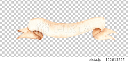 Beige Ribbon folded Banner. Vintage design element. Hand drawn Watercolor illustration isolated on white background. Space for text, advertisement, sale or game design. Beige Ribbon folded Banner. Vintage design element. Hand drawn Watercolor illustration isolated on white background. Space for text, advertisement, sale or game design. 122613225