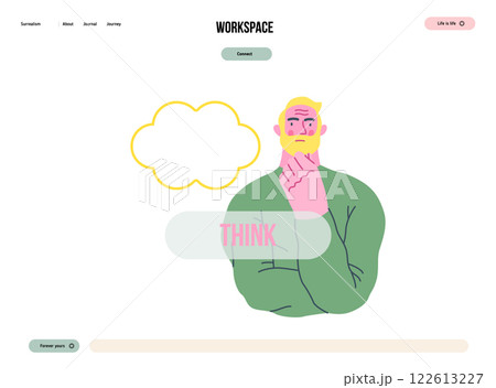 Thinking people, modern flat vector concept illustration- man standing thoughtfully, looking forward, bubble near his head Metaphor for reflection, analysis, introspection, contemplation, deep thought 122613227