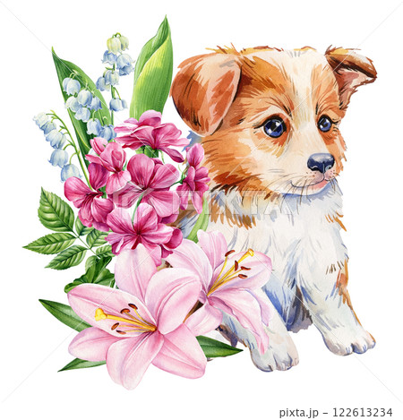 little fluffy puppy with floral bouquet watercolor illustration, charming dog with wildflowers, adorable pet art print little fluffy puppy with floral bouquet watercolor illustration, charming dog with wildflowers, adorable pet art print 122613234