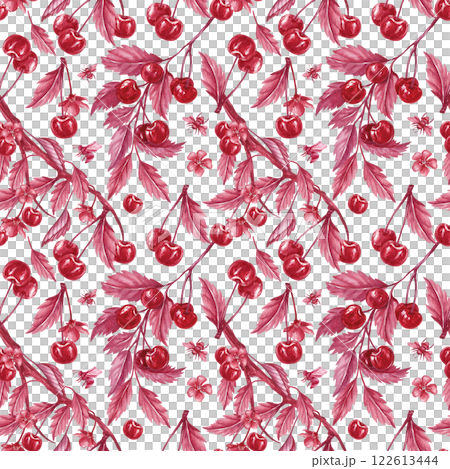 Seamless pattern with cherries and bees. Red monochrome shades. Watercolor isolated illustration. Hand drawn berries, leaves, twigs and insects for textile or packaging juices or jam. Summer vibe Seamless pattern with cherries and bees. Red monochrome shades. Watercolor isolated illustration. Hand drawn berries, leaves, twigs and insects for textile or packaging juices or jam. Summer vibe 122613444
