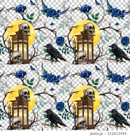 Seamless pattern with large full moon, skulls, vintage lantern and candelabrum, roses and branches. Watercolor illustration in Gothic style for Halloween or Day of the Dead isolated from background Seamless pattern with large full moon, skulls, vintage lantern and candelabrum, roses and branches. Watercolor illustration in Gothic style for Halloween or Day of the Dead isolated from background 122613445