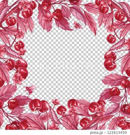 Square frame with cherry branches along the perimeter. Watercolor illustration in monochrome style. Hand drawn postcard isolated from the background. Perfect for packaging tincture, liqueur, compote Square frame with cherry branches along the perimeter. Watercolor illustration in monochrome style. Hand drawn postcard isolated from the background. Perfect for packaging tincture, liqueur, compote 122613450