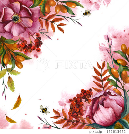 Square frame with bright floral arrangement. Hand drawn illustration peonies and berries on isolated background with watercolor spot. Bouquet for greeting card, postcard template and invitations Square frame with bright floral arrangement. Hand drawn illustration peonies and berries on isolated background with watercolor spot. Bouquet for greeting card, postcard template and invitations 122613452
