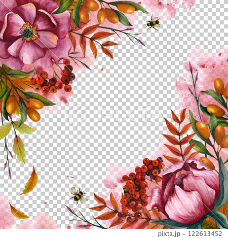 Square frame with bright floral arrangement. Hand drawn illustration peonies and berries on isolated background with watercolor spot. Bouquet for greeting card, postcard template and invitations Square frame with bright floral arrangement. Hand drawn illustration peonies and berries on isolated background with watercolor spot. Bouquet for greeting card, postcard template and invitations 122613452