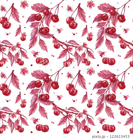 Seamless red pattern with cherry. Watercolor monochrome illustration isolated from the background. Hand drawn ripe berries, bees and leaves for textile, packaging for liqueur, juices, tincture, jam Seamless red pattern with cherry. Watercolor monochrome illustration isolated from the background. Hand drawn ripe berries, bees and leaves for textile, packaging for liqueur, juices, tincture, jam 122613453