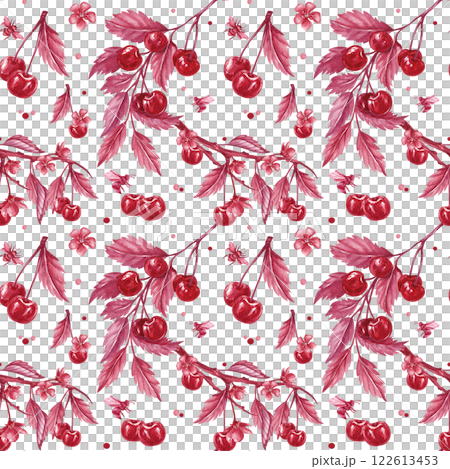 Seamless red pattern with cherry. Watercolor monochrome illustration isolated from the background. Hand drawn ripe berries, bees and leaves for textile, packaging for liqueur, juices, tincture, jam Seamless red pattern with cherry. Watercolor monochrome illustration isolated from the background. Hand drawn ripe berries, bees and leaves for textile, packaging for liqueur, juices, tincture, jam 122613453