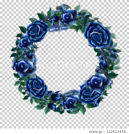 Floral wreath with blue roses and leaves painted in watercolor. Hand drawn illustration frames with flower and foliage isolate on white background. Botanic picture used for design, postcards, print Floral wreath with blue roses and leaves painted in watercolor. Hand drawn illustration frames with flower and foliage isolate on white background. Botanic picture used for design, postcards, print 122613458