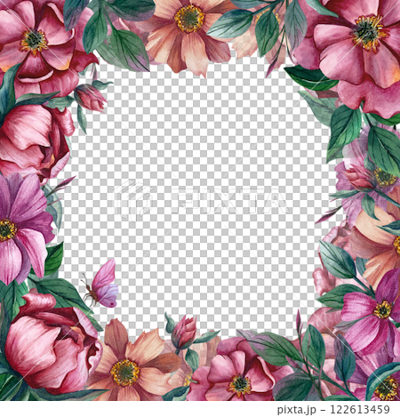 Flowers square frame with buttefly and leaves. Hand drawn watercolor illustration on white background. For postcards on spring Hollidays, March 8, Women's birthday and jubilee. For design anniversary Flowers square frame with buttefly and leaves. Hand drawn watercolor illustration on white background. For postcards on spring Hollidays, March 8, Women's birthday and jubilee. For design anniversary 122613459