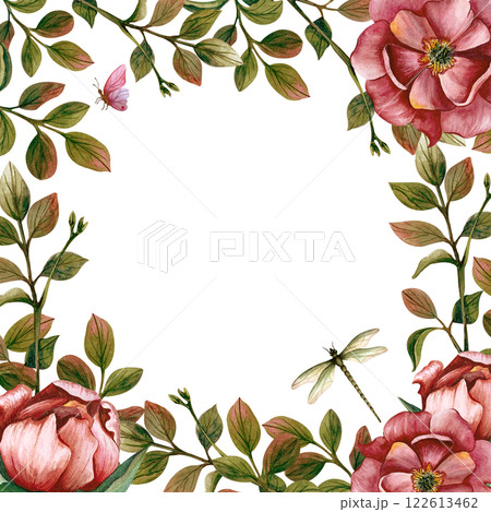 Spring flower frame. Watercolor illustration isolated from the background. Peonies with leaves and butterfly, and dragonfly for greeting cards, postcards or template for wedding invitation, March 8 122613462