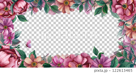 Rectangular frame with flowers, buttefly and leaves. Isolated watercolor illustration on white background. For spring banners and template for wedding invitation or Jubilee and anniversary design Rectangular frame with flowers, buttefly and leaves. Isolated watercolor illustration on white background. For spring banners and template for wedding invitation or Jubilee and anniversary design 122613465