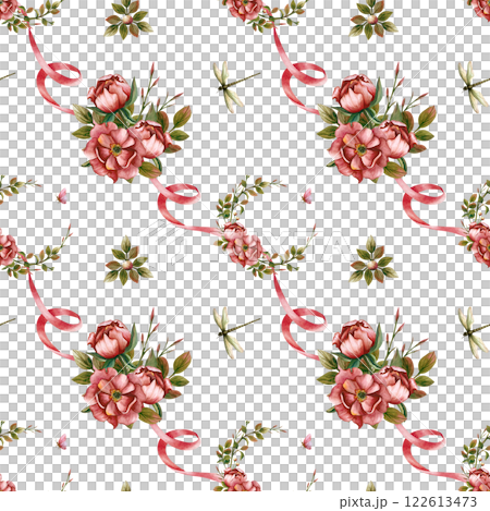 Beautiful spring seamless pattern with composition of peonies, dragonfly, butterfly inside the ornament of pink ribbons. Watercolor illustration isolated from the background. For March 8, stationery Beautiful spring seamless pattern with composition of peonies, dragonfly, butterfly inside the ornament of pink ribbons. Watercolor illustration isolated from the background. For March 8, stationery 122613473