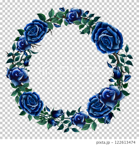 Floral wreath with blue roses and leaves painted in watercolor. Hand drawn illustration frames with flower and foliage isolate on white background. Botanic picture used for design, postcards, print 122613474