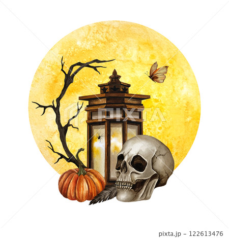Yellow full moon with skull, lantern, pumpkin, branch and butterfly. Watercolor illustration isolated from the background. Hand drawn composition for Halloween, Friday the 13 poster, design, packing Yellow full moon with skull, lantern, pumpkin, branch and butterfly. Watercolor illustration isolated from the background. Hand drawn composition for Halloween, Friday the 13 poster, design, packing 122613476