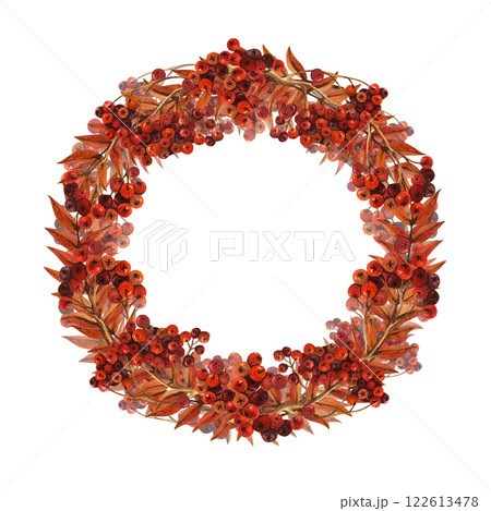 Volumetric round wreath with rowan berries and autumn leaves. Watercolor illustration isolated from the background. Hand drawn frame with berries for template on the packaging or autumn design Volumetric round wreath with rowan berries and autumn leaves. Watercolor illustration isolated from the background. Hand drawn frame with berries for template on the packaging or autumn design 122613478