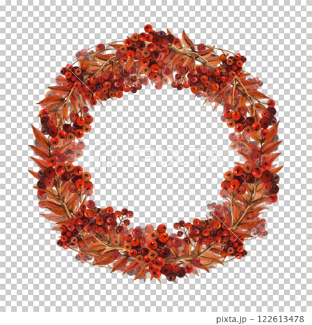 Volumetric round wreath with rowan berries and autumn leaves. Watercolor illustration isolated from the background. Hand drawn frame with berries for template on the packaging or autumn design Volumetric round wreath with rowan berries and autumn leaves. Watercolor illustration isolated from the background. Hand drawn frame with berries for template on the packaging or autumn design 122613478