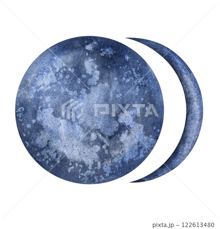 Crescent moon and full moon. Watercolor celestial elements illustration on isolated background. Dark blue hand drawn moon with texture for Esoteric or space design. Astrological card, logo, kids room 122613480