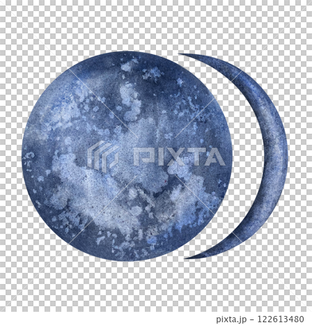 Crescent moon and full moon. Watercolor celestial elements illustration on isolated background. Dark blue hand drawn moon with texture for Esoteric or space design. Astrological card, logo, kids room 122613480