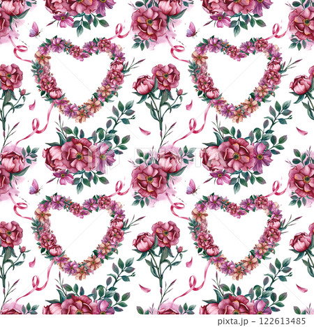 Seamless pattern with flower wreath in the shape of a heart, ribbon and butterfly. Watercolor illustration. Hand drawn picture isolated from the background. Floral heart for Valentine's Day, March 8 122613485