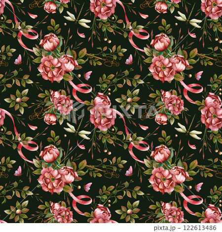 Floral seamless pattern on the dark background with composition of peonies and leaves connected with ribbon. Watercolor dragonfly, butterfly and vintage key. Illustration for scrapbook and stationery 122613486