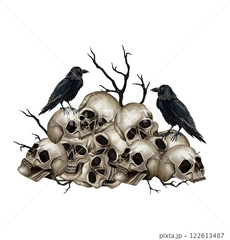 Black crows sit on a pile of skulls with dry branches. Watercolor illustration isolated from the background. Hand drawn in Gothic style for Halloween. For patterns, packaging, postcards, web design 122613487