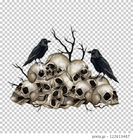 Black crows sit on a pile of skulls with dry branches. Watercolor illustration isolated from the background. Hand drawn in Gothic style for Halloween. For patterns, packaging, postcards, web design 122613487