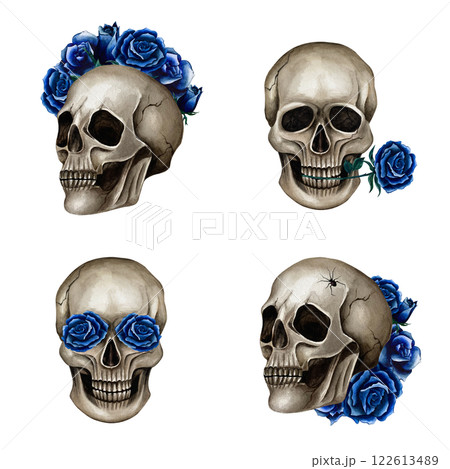 Set of four skulls with dark blue roses. Watercolor illustration for Day of the Dead on isolated background. Gothic and Halloween style for postcards, print products, create pattern and gift paper 122613489