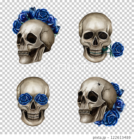 Set of four skulls with dark blue roses. Watercolor illustration for Day of the Dead on isolated background. Gothic and Halloween style for postcards, print products, create pattern and gift paper 122613489