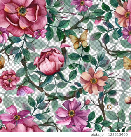 Floral pattern with peonies and butterflies, anemones and leaves. Watercolor illustration isolated background. Ornament for spring and summer holidays, textile, background, paper on March 8, Birthday Floral pattern with peonies and butterflies, anemones and leaves. Watercolor illustration isolated background. Ornament for spring and summer holidays, textile, background, paper on March 8, Birthday 122613490