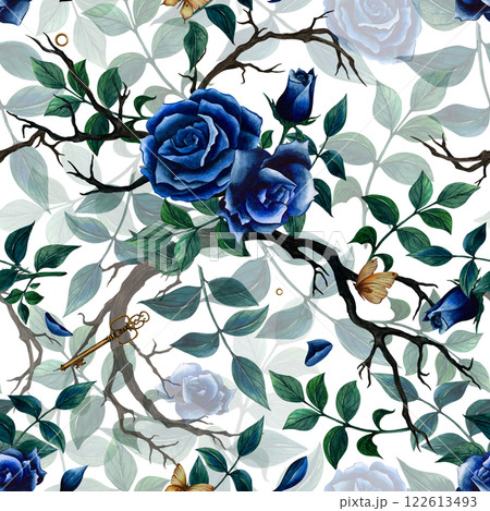 Botanical vintage seamless pattern with roses and leaves. Hand drawn watercolor illustration on dark background with butterfly and key. Ornament for phone case and textile, packaging, postcard, gift Botanical vintage seamless pattern with roses and leaves. Hand drawn watercolor illustration on dark background with butterfly and key. Ornament for phone case and textile, packaging, postcard, gift 122613493