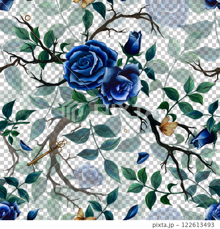 Botanical vintage seamless pattern with roses and leaves. Hand drawn watercolor illustration on dark background with butterfly and key. Ornament for phone case and textile, packaging, postcard, gift Botanical vintage seamless pattern with roses and leaves. Hand drawn watercolor illustration on dark background with butterfly and key. Ornament for phone case and textile, packaging, postcard, gift 122613493