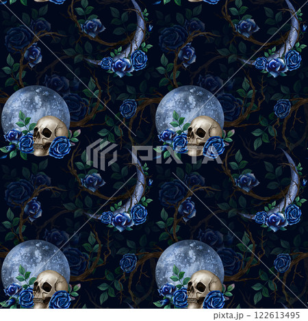 Gothic or Esoteric Seamless pattern with large full moon, crescent, skull, blue roses, leaves and branches. Watercolor illustration on the dark background for Halloween. Composition with blue moon 122613495