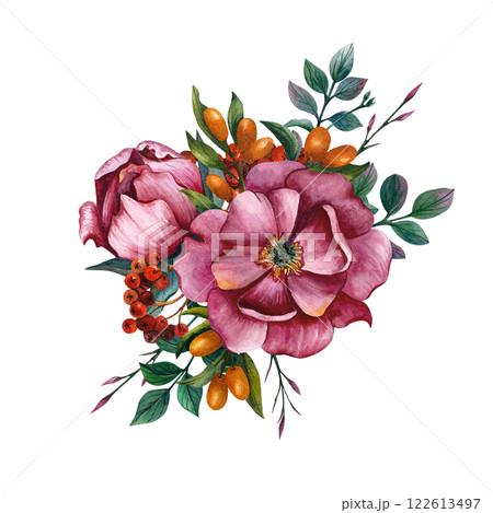 A watercolor floral arrangement featuring peonies, foliage and autumn berries. Flowers bouquet with rowan and sea buckthorn. Hand drawn illustration on isolated background for invitations, greeting A watercolor floral arrangement featuring peonies, foliage and autumn berries. Flowers bouquet with rowan and sea buckthorn. Hand drawn illustration on isolated background for invitations, greeting 122613497