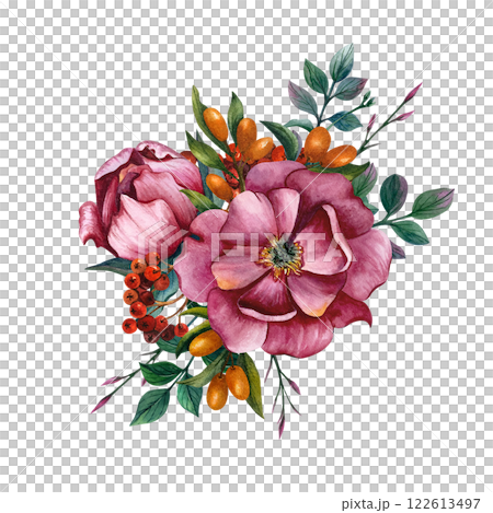 A watercolor floral arrangement featuring peonies, foliage and autumn berries. Flowers bouquet with rowan and sea buckthorn. Hand drawn illustration on isolated background for invitations, greeting A watercolor floral arrangement featuring peonies, foliage and autumn berries. Flowers bouquet with rowan and sea buckthorn. Hand drawn illustration on isolated background for invitations, greeting 122613497