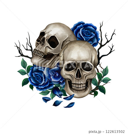 Composition with two skulls, blue roses, branches and leaves. Watercolor illustration for Halloween and Day of the Dead on white background. Gothic style for wrapping paper, pattern and postcards 122613502