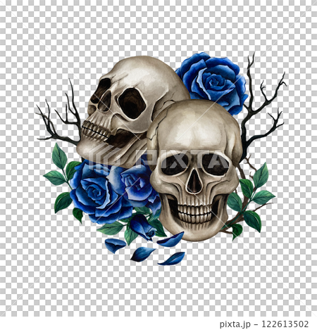 Composition with two skulls, blue roses, branches and leaves. Watercolor illustration for Halloween and Day of the Dead on white background. Gothic style for wrapping paper, pattern and postcards 122613502