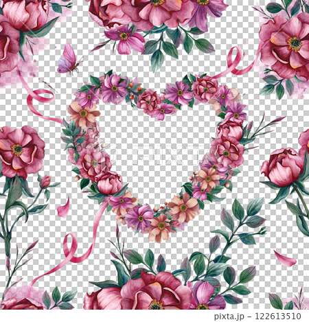 Seamless pattern with flower wreath in the shape of a heart, ribbon and butterfly. Watercolor illustration. Hand drawn picture isolated from the background. Floral heart for Valentine's Day, March 8 Seamless pattern with flower wreath in the shape of a heart, ribbon and butterfly. Watercolor illustration. Hand drawn picture isolated from the background. Floral heart for Valentine's Day, March 8 122613510