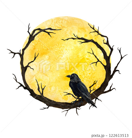 Black Raven on the branches against the background of the full moon. Watercolor illustration isolated from the background. Yellow moon for Gothic style, Friday the 13th poster, textile, web design 122613513