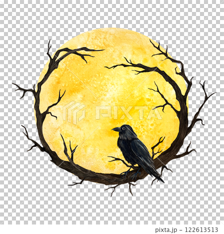 Black Raven on the branches against the background of the full moon. Watercolor illustration isolated from the background. Yellow moon for Gothic style, Friday the 13th poster, textile, web design 122613513