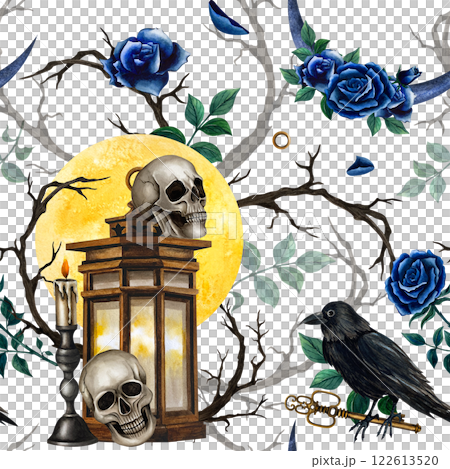 Seamless pattern with large full moon, skulls, vintage lantern and candelabrum, roses and branches. Watercolor illustration in Gothic style for Halloween or Day of the Dead isolated from background 122613520