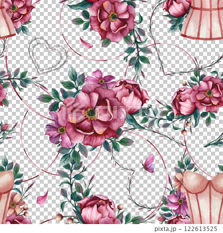Beauty floral pattern with corset lingerie and heart. Watercolor illustration flowers with women's underwear and peonies isolated from the background. For packaging for lingerie stores or girls party Beauty floral pattern with corset lingerie and heart. Watercolor illustration flowers with women's underwear and peonies isolated from the background. For packaging for lingerie stores or girls party 122613525