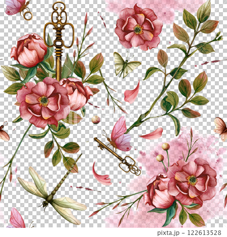 Delicate seamless pattern with peonies, key, leaves, butterfly and dragonfly. Watercolor illustration isolated from the background. Hand drawn ornament for postcards for wedding day, March 8, textile Delicate seamless pattern with peonies, key, leaves, butterfly and dragonfly. Watercolor illustration isolated from the background. Hand drawn ornament for postcards for wedding day, March 8, textile 122613528