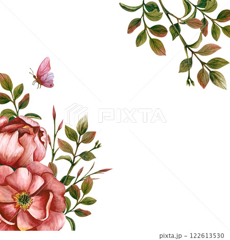 Square flower frame with butterfly. Watercolor illustration isolated from the background. Peonies with leaves for greeting cards, postcards, for wedding and birthday invitation, March 8, Mother's Day 122613530