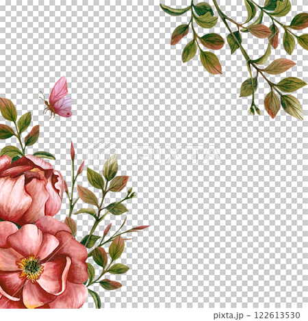 Square flower frame with butterfly. Watercolor illustration isolated from the background. Peonies with leaves for greeting cards, postcards, for wedding and birthday invitation, March 8, Mother's Day 122613530