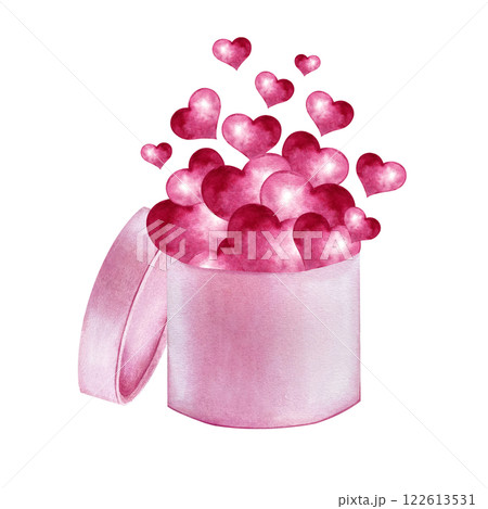 Gift box with pink hearts flying out. Watercolor illustration on isolated background. For Valentine's Day, March 8 or Wedding. Hand drawn composition for postcards, greeting cards and invitations 122613531