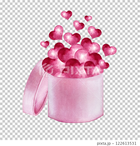 Gift box with pink hearts flying out. Watercolor illustration on isolated background. For Valentine's Day, March 8 or Wedding. Hand drawn composition for postcards, greeting cards and invitations 122613531