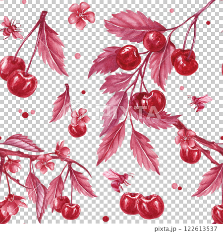 Seamless monochrome pattern with red cherry and bees. Watercolor illustration isolated from the background. Hand drawn ripe berries and leaves can be used for kitchen textile, juices, tincture, jam Seamless monochrome pattern with red cherry and bees. Watercolor illustration isolated from the background. Hand drawn ripe berries and leaves can be used for kitchen textile, juices, tincture, jam 122613537
