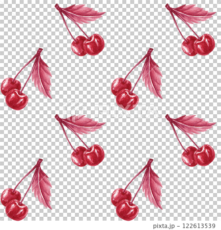 Seamless pattern with two cherries on a branch. Watercolor monochrome illustration isolated from the background. Hand drawn cherry perfect for textile, packaging, label, juices, tincture, jam Seamless pattern with two cherries on a branch. Watercolor monochrome illustration isolated from the background. Hand drawn cherry perfect for textile, packaging, label, juices, tincture, jam 122613539