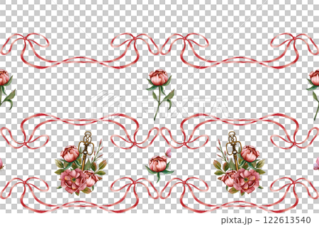 Seamless horizontal border with flowers, vintage key and butterfly with red tied bows. Watercolor illustration isolated from the background. Hand drawn pattern for textile, stationery and scrapbook Seamless horizontal border with flowers, vintage key and butterfly with red tied bows. Watercolor illustration isolated from the background. Hand drawn pattern for textile, stationery and scrapbook 122613540